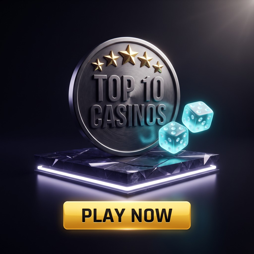 Top 10 Casinos medallion with glowing dice and Play Now